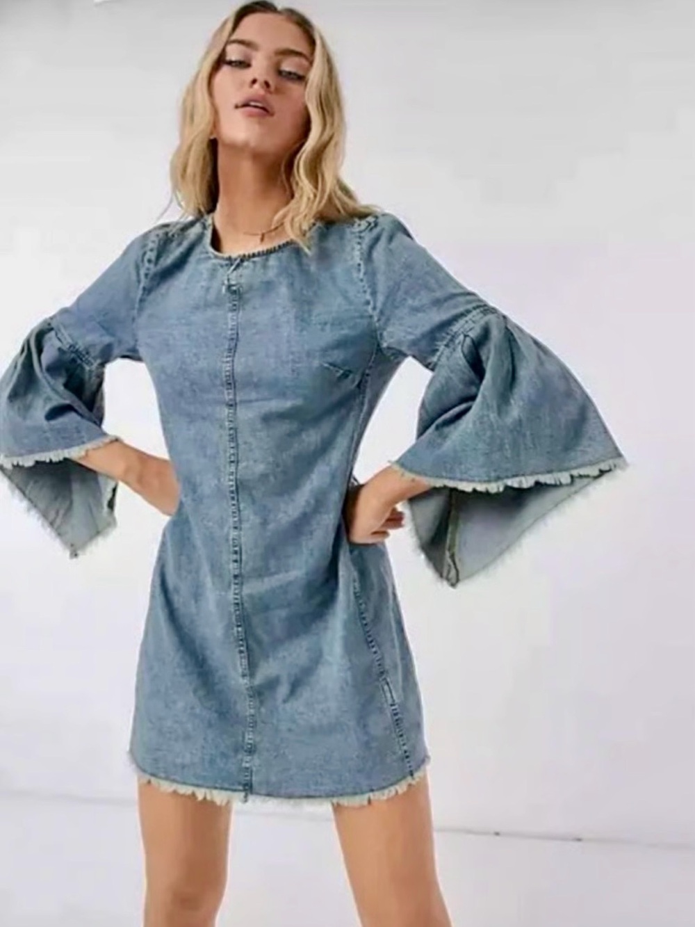 Free People Light Blue Denim Bell-Sleeve Mini Dress